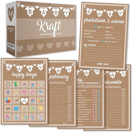 Party Hearty Baby Shower 5 Game Pack, Premium Thick Cardstock - Kraft