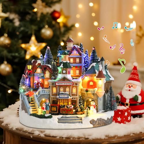 VCUTEKA Animated Christmas Village Houses, Lighted Musical Xmas Village Train Station Scene Rotating Train, Snowman, Victorian Christmas Village Collectible Decoration for Holiday Table Display by VCUTEKA - Used condition - Image 2
