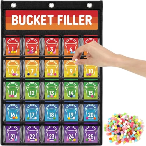 Crtiin Classroom Management Tools–Have You Filled a Bucket Today Pocket Chart with 25 Buckets Pockets & 500 Pom Poms Positive Behavior Reward System for Teacher Preschool & Elementary(Rainbow Color)