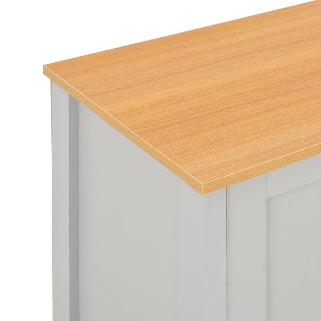Szafka pod telewizor szara, imitacja naturalnego drewna, 120 x 39 x 58 cm, niska szafka z 2 drzwiami i 2 otwartymi półkami, meble multimedialne do salonu, kina domowego, przepust kablowy