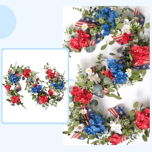 Egolot Patriotic Hydrangea Red White Blue Flower Garland Wreath for Front Door, Forth of July Independence Day Indoor Outdoor Decor Garland, American Flag Ribbon Floral Home Decor - Thumbnail 6