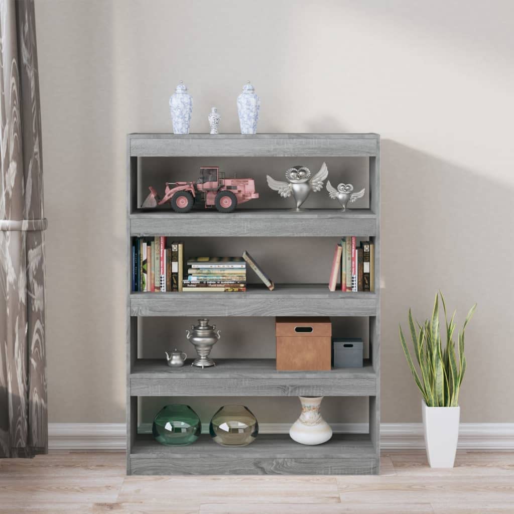 Estantería gris Sonoma, 100 x 30 x 135 cm, material de madera, versátil separador de habitaciones con 4 estantes, estable para libros, DVD y artículos decorativos, fácil limpieza