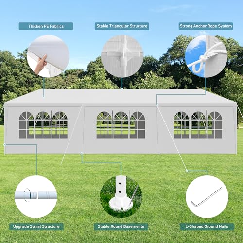 Image of 10' x 30' Outdoor Party Gazebo Tents with 8 Removable Sidewalls, Shade Canopy Tents with Transparent Windows, White Patio Canopy Tent for Party, Wedding, Beach, BBQ, Birthday, Events, Gatherings