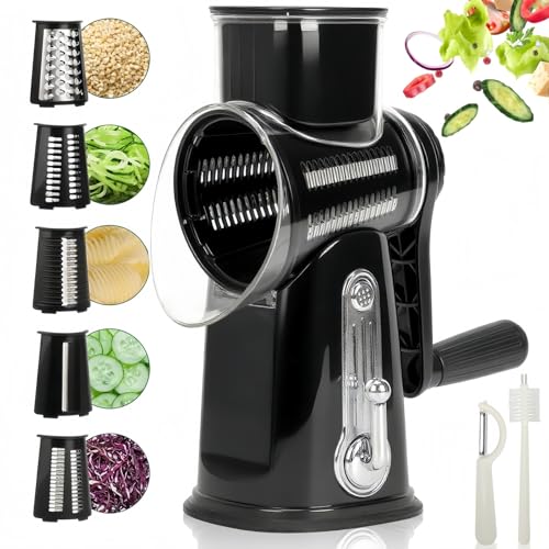 CHDEXU Grattugia rotante per formaggio con manico, grattugia manuale per verdure con 5 lame staccabili in acciaio inossidabile, grattugia rotonda affettatrice a manovella per cucina con scatola