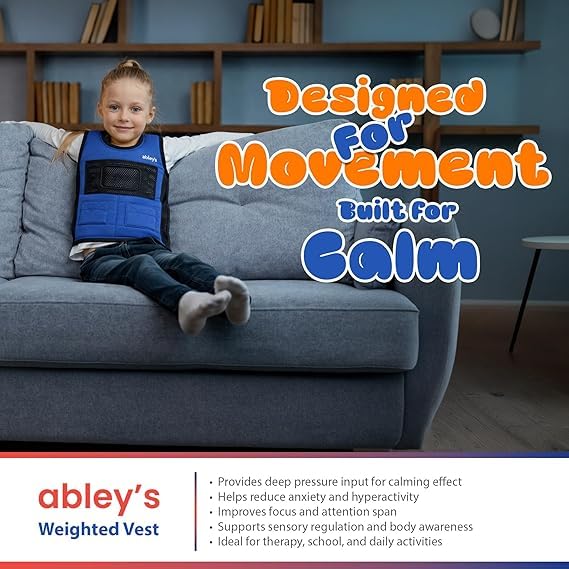 Image of Abley's Kids Weighted Vest for Sensory Integration - Calming Deep Pressure Sensory Vest for Autism, SPD, ADHD - Adjustable Neoprene Body Wrap with 6 Removable Weights - Blue, Large (2 KG)