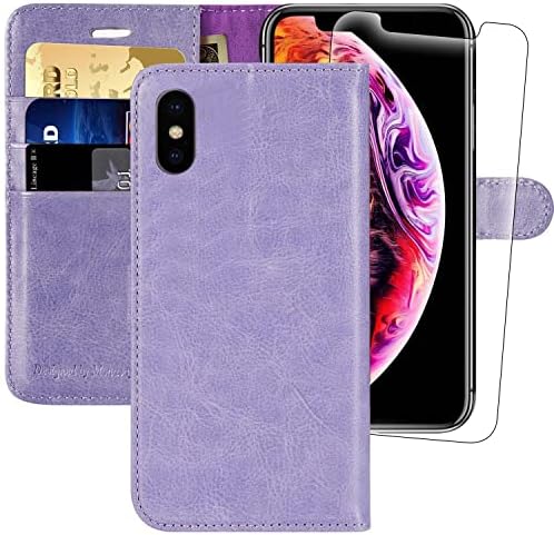 MONASAY iPhone XS Wallet Case/iPhone X Wallet Case,5.8-inch [Glass Screen Protector Included] Flip Folio Leather Cell Phone Cover with Credit Card Holder for Apple iPhone XS/X Light blue