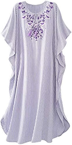 National Women's Long Floral Embroidered Caftan with Stripes Tassels Oversized Short Sleeve, Lilac