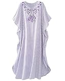 National Women's Long Floral Embroidered Caftan with Stripes Tassels Oversized Short Sleeve, Lilac