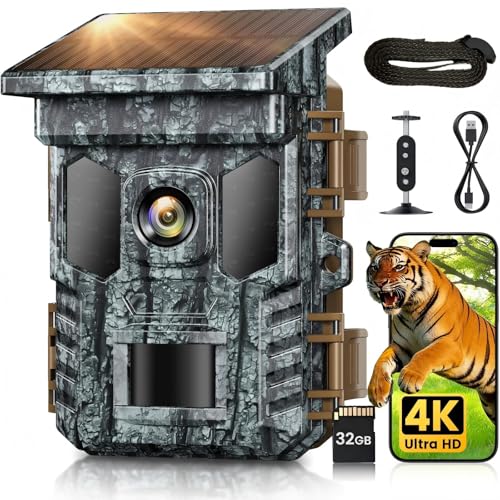 VIDVIS 4K 64MP Solar Trail Camera WiFi Bluetooth, 0.2s Fast Trigger, 65ft Night Vision Motion Activated, IP66 Waterproof, Rechargeable Game Camera with 32GB SD Card for Wildlife Scouting