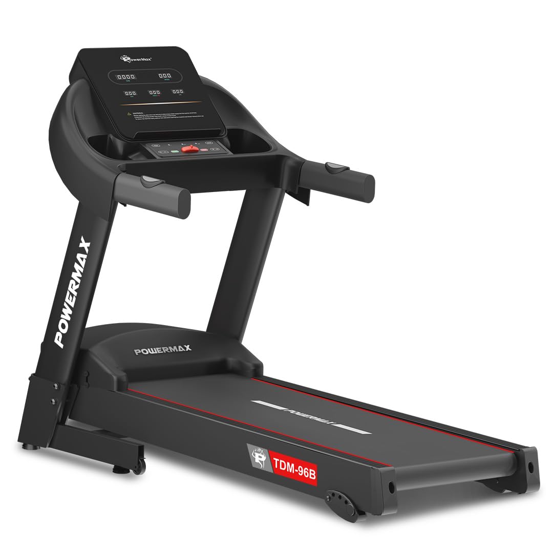 PowerMax Fitness TDM-96B 4HP DC Treadmill for Home | 110KG Max User Running Machine | 14km/hr Top Speed, 4-Level Manual Incline | Bluetooth for app, Speaker, Mp3 | Foldable Cardio Machine, LED Display-image-4
