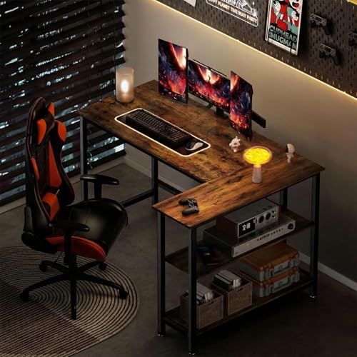 Image of L Shaped Reversible Desk| Gaming Table, Computer Corner Desk, Home Office Writing Desk with Shelf, Space-Saving Workstation Table| 130x90x75 cm| Rustic Brown