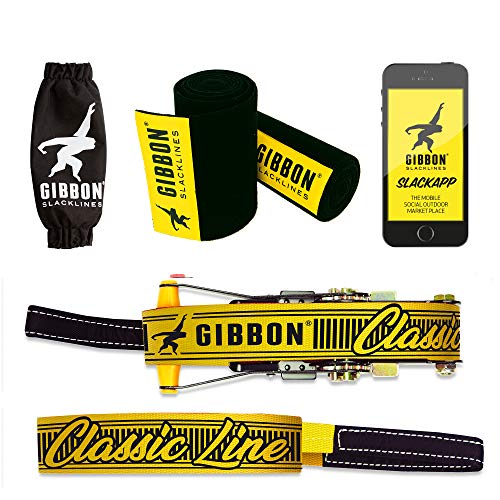 Gibbon Slacklines XL Classic Line mit Treewear, Gelb, 25 Meter (22,5m Band + 2,5m Ratschenband), für Anfänger und Einsteiger, inklusive Ratschenschutz, Rücksicherung und Baumschutz, Breite 2 "/ 5cm Cover