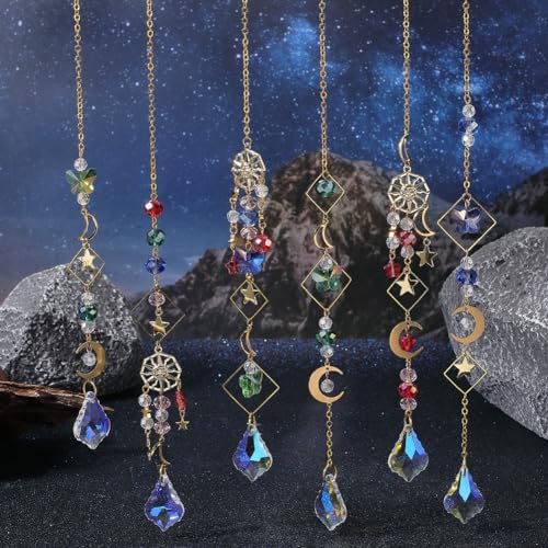 SUNNYCLUE 1 Box 254Pcs Garden Suncatchers Rainbow Makers DIY 6 Sets Sun Catchers Making Kit Golden Tone Sun Moon Star Charms Colorful Crystal Beads Prism Hanging Pendants for Windows Indoor Outdoor - Image 4
