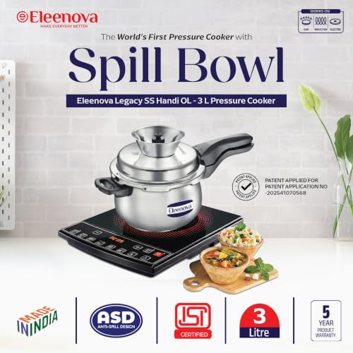 Image of Eleenova Legacy Stainless Steel Pressure Cooker 3 Litre Handi shape | Anti Spill Design | Gas Stove and Induction Compatible | Outer Lid SS Pressure Cooker | ISI Certified | 5 Year Warranty