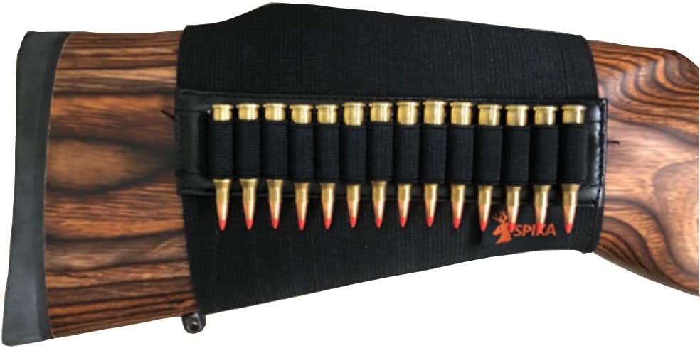 SPIKA Rifle Buttstock Shell Holder, 14 Rounds Rifle Cheek Riser Stock Ammo Pouch .17 .22 Bullet Holder with Nylon Leather