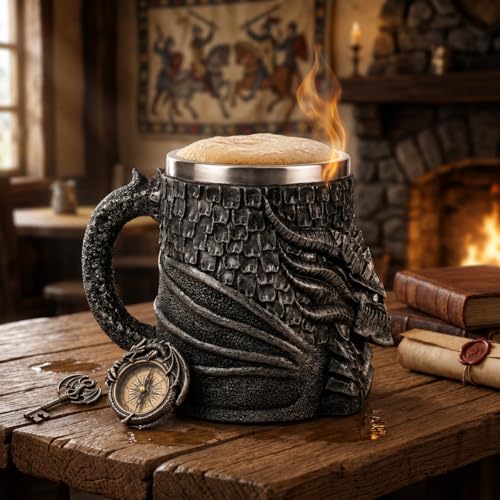Arola Medieval Dragon Beer Mug, Stainless Steel Coffee Cup Gift Mug for Dragon Collector, Themed Party Decoration,Viking Tankard Drinkware Mug for Coffee/Beverage/Juice 17oz.