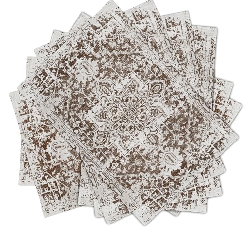 Image of Gray Brown Boho Placemats Set of 6 Ethnic Bohemian Carpet Place Mats Washable Kitchen Dining Vintage Grey Geography Floral Linen Table Mats Stain Heat-Resistant for Home Party Indoor 12x18 in
