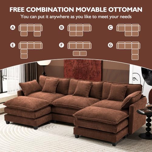 Image of Ihanherry 111.4 inch U Shaped Modern Sofa Modular Sectional Luxurious and Comfortable with 2 Ottoman, 5-Seat Chenille Deep Seat Sofa with Pillow for Living Room, Bedroom and Apartment, Brick Red