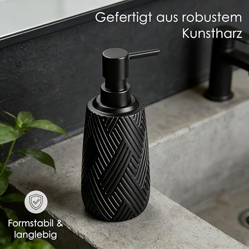 Seifenspender schwarz matt - Eldra - Soap Dispenser im Holzkunst-Design - Spülmittelspender Küche und Bad für Nordic-Liebhaber - Pumpspender, geeignet für Flüssigseife oder Spülmittel 2