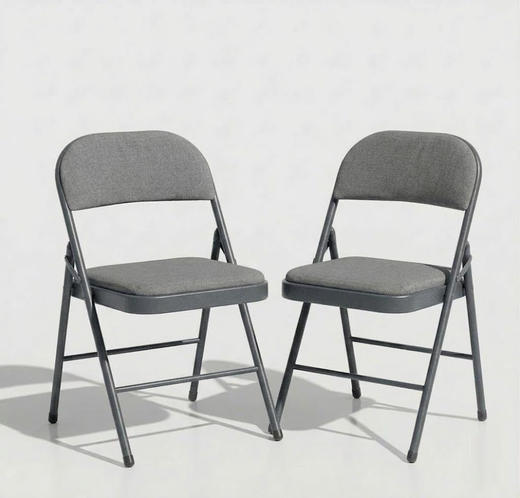 SuperGift.com 2x Grey Fabric Padded Folding Chair with Backrest, Heavy Duty Steel Frame Foldable Chair for Home, Garden, Office and Desk Use — image 1