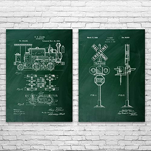 Train Railroad Patent Prints Set of 2 (8x10), Train Station Art, Steampunk Decor, Railroad Engineer, Conductor Gift, Wall Art Green Chalkboard