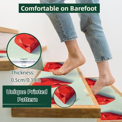 Alfombras para escaleras de madera antideslizantes lavables con corazones rojos, pack de 15 4