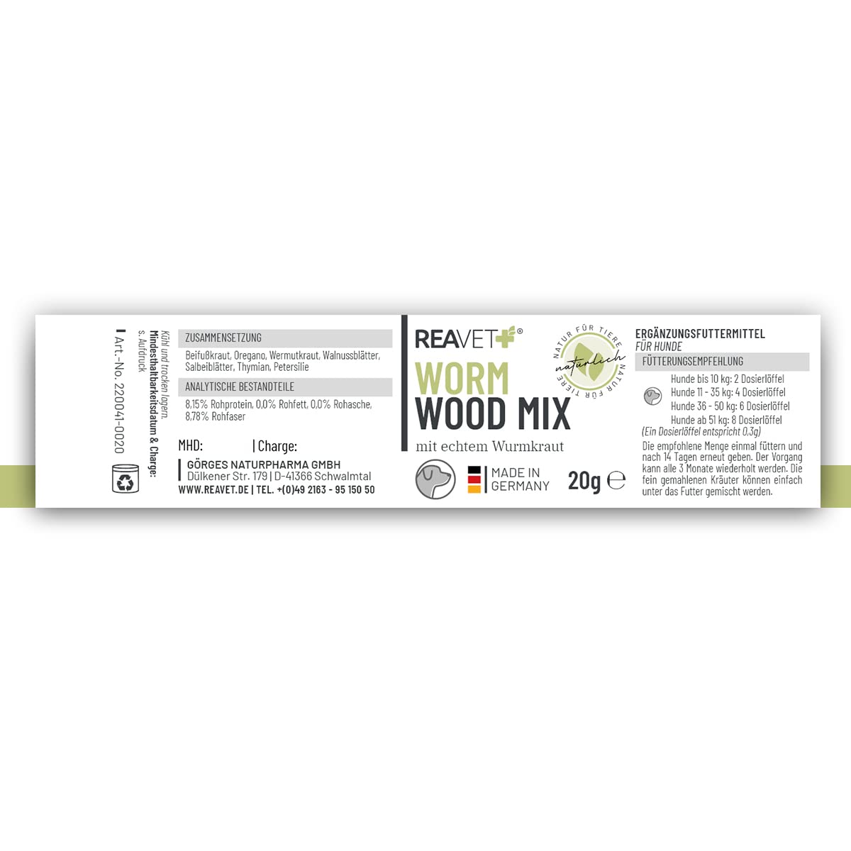 ReaVET Wormwood Mix Powder 20g Pendant & après Vermifuge Chien 1-50 kg, Alternative à Base de Plantes aux vermifuges pour Tous Les vers, vermifuges Chiens