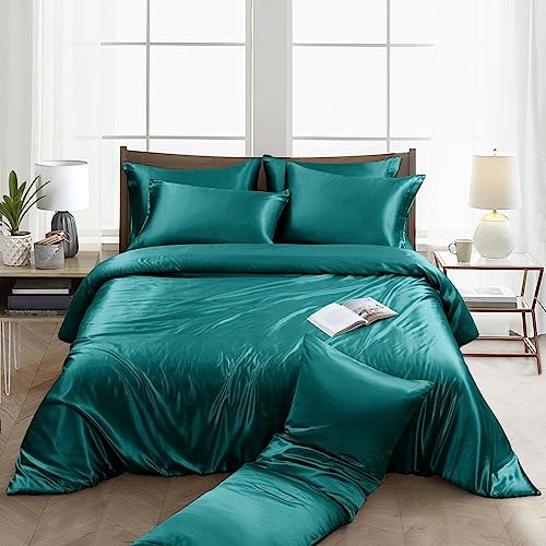 Image of Ersmak 6 Pieces Satin Duvet Cover King Size Luxury Silky Bedding Duvet Cover Set with 1 Soft Duvet Cover, 4 King Pillowcases and 1 Body Pillowcase, Teal