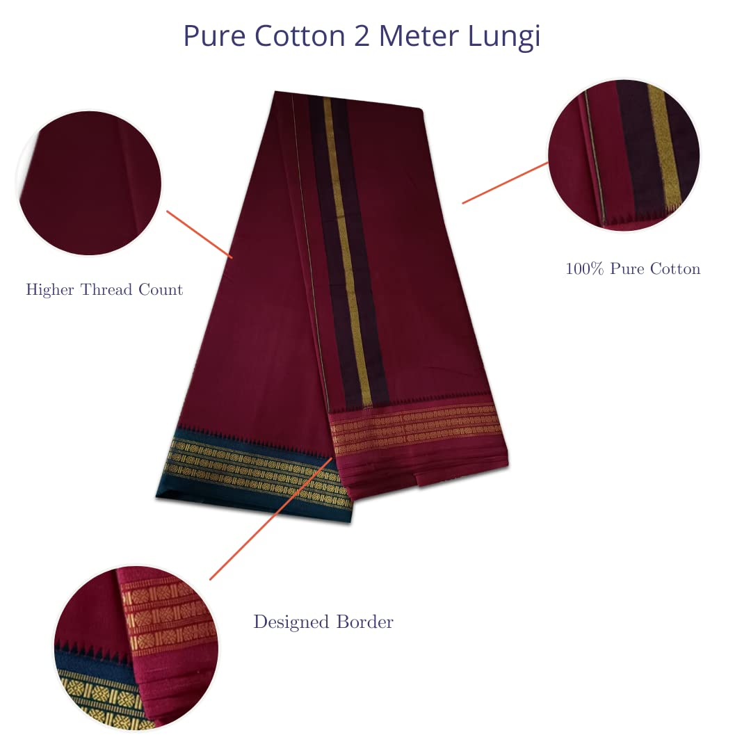 Indian Collectible - Dhoti de algodón puro para hombre tradicional | Lungi del sur de la India con borde de jari de piedra, 2 metros, Multicolor, Regular, Multicolor, Regular