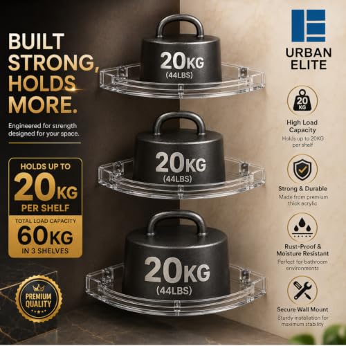Image of Urban Elite Acrylic Bathroom Corner Shelf Set of 3 - Unbreakable Transparent Wall Mount Organizer (8 inch, 10 inch, 12 inch) | Rust-Proof, High Load Capacity Storage Rack for Bathroom, Kitchen & Home