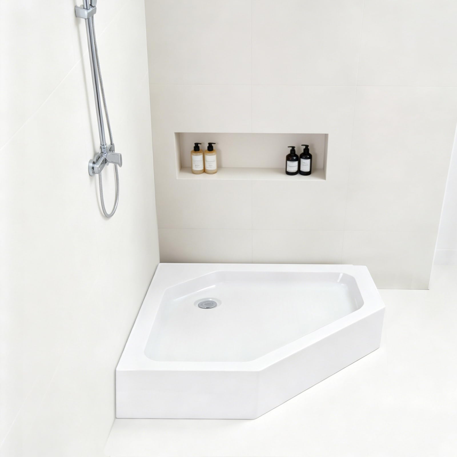 Piatto doccia angolare 80 x 80 cm, a forma di rombo, piatto doccia piatto in acrilico (80 x 80 cm) | Piatto doccia con fondo antiscivolo, con scarico e piedini regolabili