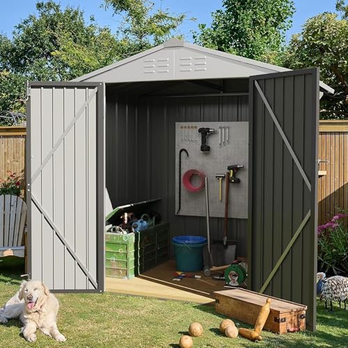 Image of Devoko Outdoor Storage Shed 6 x 4 FT Lockable Metal Garden Shed Steel Anti-Corrosion Storage House with Double Lockable Door for Backyard Outdoor Patio (Gray)