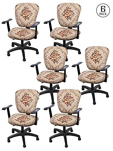 Image of Cortina Computer Desk Seat Covers | Soft Stretchable Elastic Polyester Spandex Cover | Removable Revolving Chair Protector | Office Chair Polyester Covers | Damask Print - Beige | Chair Cover Set Of 6