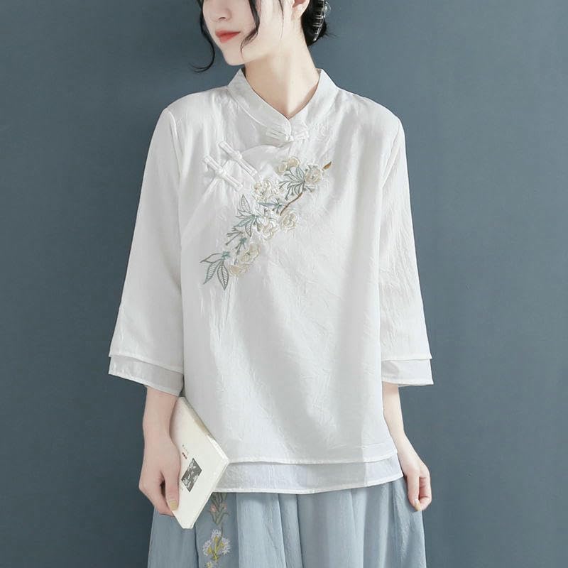 Women's Frog Button Embroidered Cotton Linen Shirt Chinese Style Mandarin Collar 3/4 Sleeve Loose Spring Summer Top