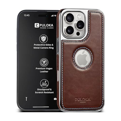 Image of PULOKA Chrome Leather Back Case - Compatible with iPhone 16 Pro - Luxury Bumper Case - Flexible Vegan Leather - Electroplated Sides & Logocut - Full Camera Protetection & Raised Edges - Brown