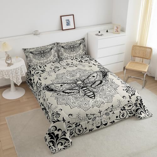 Image of Feelyou Boys Girls Gothic Decor Comforter Set Twin Size, Death Moth Skull Bedding Set Kids Boho Damask Duvet Insert Teens Bedroom Decor Bed Set 2Pcs