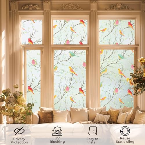 Image of WOO Home Frosted Glass Window Film & Stickers (24 X 60 INCH) Privacy Window Cover for Home & Office - Easy Apply, UV Protection, Removable Decorative Film (Multi Colour Bird Film | 2 X 5 SQFT)