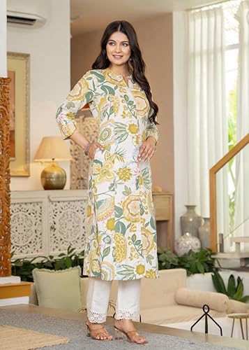 Image of Pistaa's Women's Floral Print A-Line Kurta with Lace Palazzos