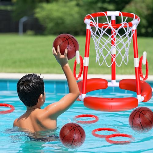 AuroTops Pool Basketball Hoop,2-in-1 Floating Basketball Hoop for Pool Games & Ring Toss Games for Kids,Summer Pool Toys,Family Swimming Toys for Boys and Girls,Birthday Gifts for Kids,Red