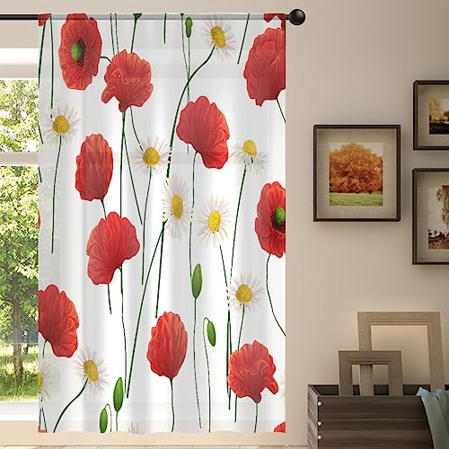Daisies Rideau transparent Motif coquelicot pour salon, chambre à coucher, cuisine, salle à manger 139 x 198 cm