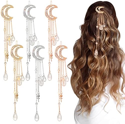 6 Pcs Moon Crystal Rhinestone Beads Dangle Hairpin Moon Hair Accessories Moon Barrette Star Tassel Hair Clip with Crystal Beads Charms Hair Chain Jewelry for Women Girl Bridal, Silver, Gold, Rose Gold