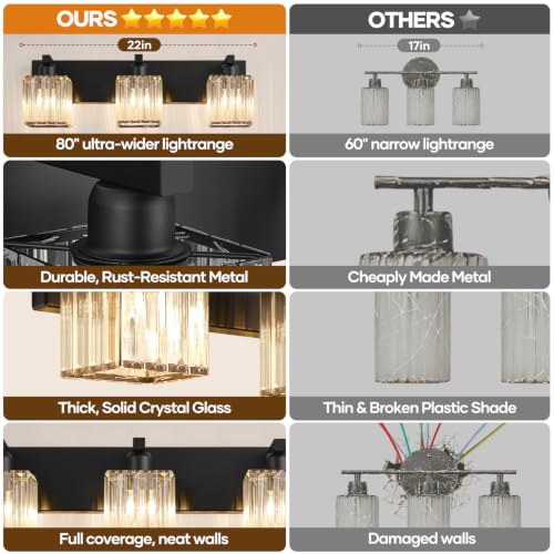 Hompixlit Bathroom Light Fixtures Matte Black 3-Light Crystal Vanity Lights by Hompixlit - Used condition - Image 2
