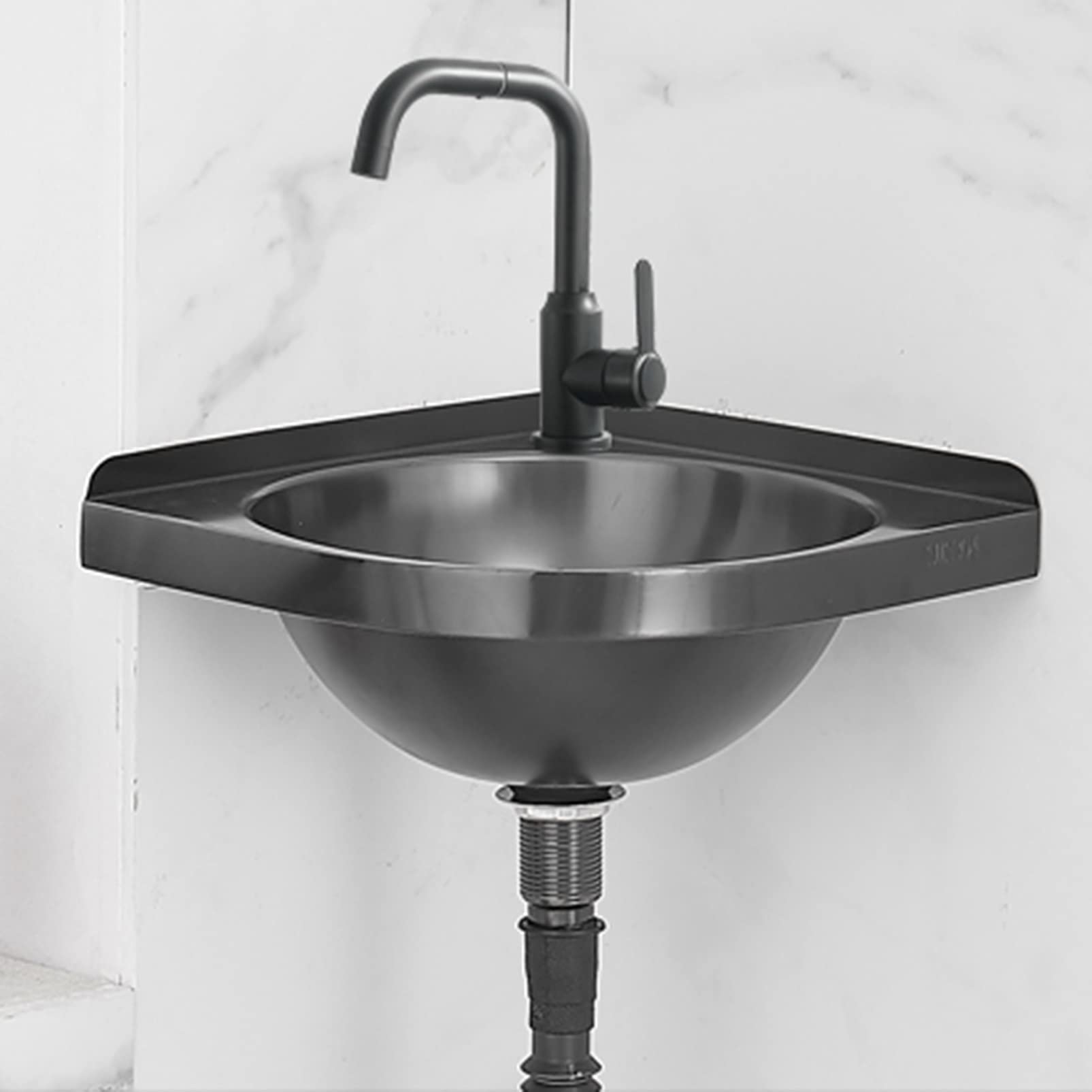ASerZenith Wall Mount Mini Vessel Sink Bathroom Corner Wash Basin, Cloakroom Vanity Sink With Faucet And Drain Combo, Household/Commercial Compact Lavatory Sink(Black-Set B)