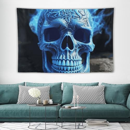 Tapisserie murale imprimée 3D tête de mort bleue en tissu léger