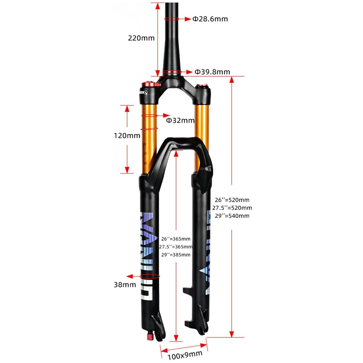 Horquilla Delantera para Bicicleta de montaña con Bloqueo de Aire cónico de 1-1/8", Horquilla de suspensión para Bicicleta de montaña con amortiguación, tamaños comunes de 26", 27