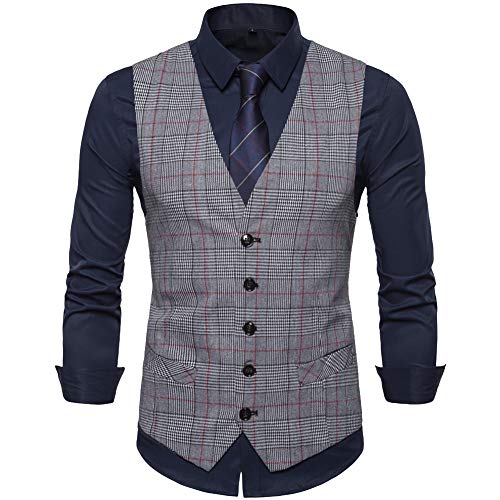Elegeet Mens Casual V-Neck Single Breated Plaid Vest 5 Button Basic Waistcoat Light Grey XX-Large