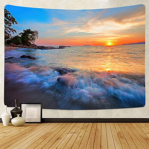 Ocean Beach Tapestry Wall Hanging Tropic Paradise Coconut Palm Tree Tapestry Hawaiian Sea Wave Cool Seaside Sunset Waves Nature Tapestry Beach Wall Decor For Dorm Bedroom Living Room (Sunset, 150cm x 200cm(59.1  x 79  ))