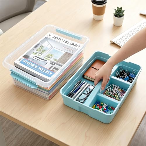 Image of Yesland Stack & Carry Box with Removable Tray, 16 x 11 x 6.5 Inch Plastic Art Supply Storage Organizer Craft Storage Containers with Handle, Portable Organizer Bin for Stationery Sewing Jewelry, Blue