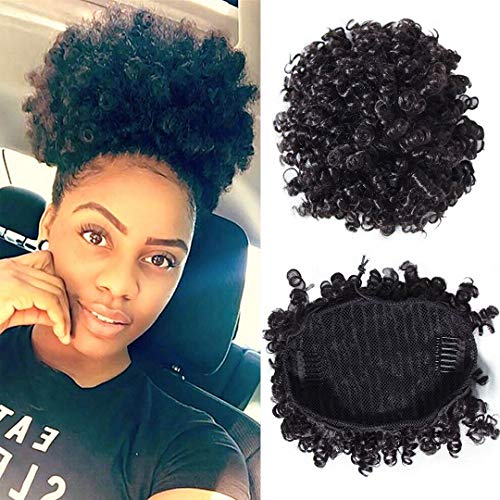 Buladou Natural Curly Ponytail African American Ponytail Curly Puff Human Hair Drawstring Ponytails Clip in on Ponytails for Women Black Color 8 inch