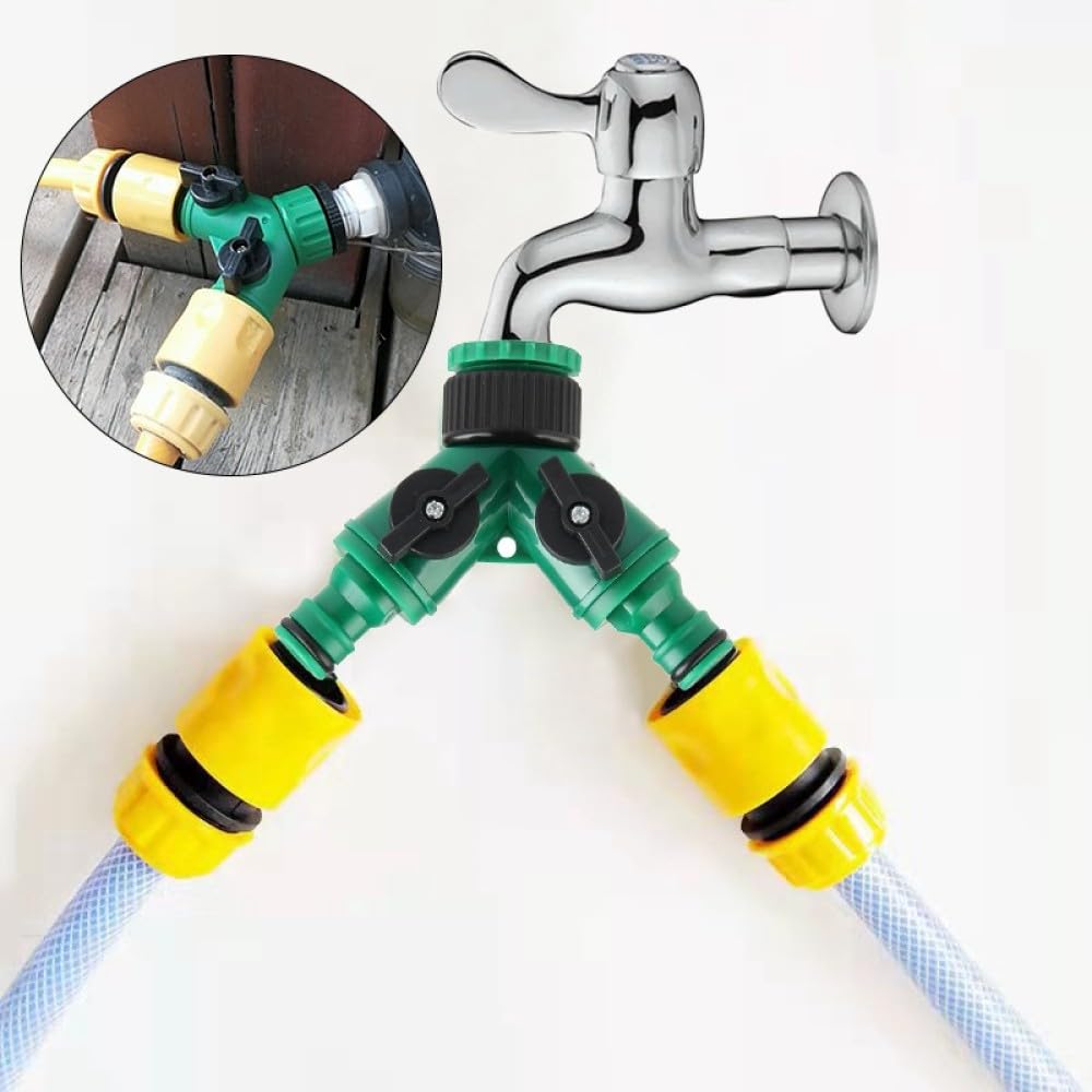 Connettore Y per tubo da giardino 1/2quot; 3/4quot; Adattatore per rubinetto a 2 vie con filettatura femmina Kit di giunzione rapida con accessori per splitter dell'acqua con valvola di accensione/sp